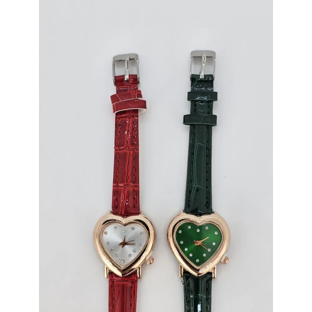 2X Girl's Women's Watch Heart Shape Green Red Dial 28MM Green‎ Red Leather Bands